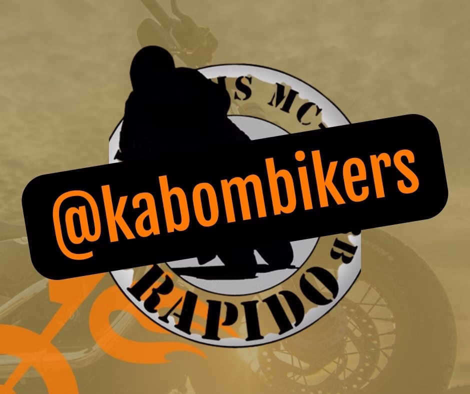 Image shows a motorcycle club-style logo with a silhouette of a person on a motorcycle overlaid on a circular badge. The text "@kabombikers" appears in orange letters on a black banner across the image. Behind the main elements is a faded sepia-toned background featuring motorcycle imagery.